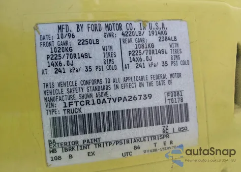 1997 Ford Ranger Splash/Xl/Xlt from USA, damaged, VIN 1FTCR10A7VPA26739